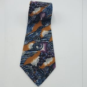 Oleg Cassini 100% Silk Tie Abstract Pattern in Blue, Purple & Gold